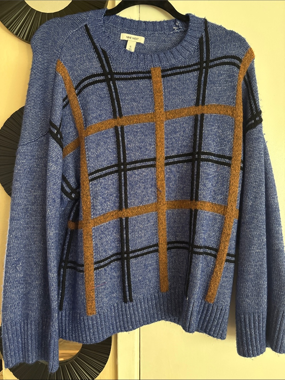 Nine West Blue Crewneck Sweater with Brown and Black Windowpane Plaid